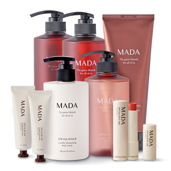 [무료별도배송] MADA - 동백 보습 6종세트 <br/>샴푸 500ml 2개 + 트리트먼트 200ml 1개 + 바디워시 500ml 1개 + 바디로션 500ml 1개 + 핸드크림 50ml 2개 + 틴티드 립밥 2개